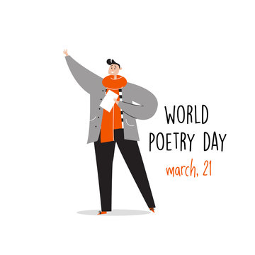 World poetry day, march 21. Vector illustration of man reciting a poem.