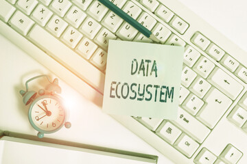 Word writing text Data Ecosystem. Business photo showcasing collection of infrastructure used to capture and analyze data Empty copy space red note paper bubble above pc keyboard for text message