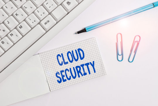 Conceptual hand writing showing Cloud Security. Concept meaning protection of data stored online from theft and deletion White pc keyboard with paper and paper clip above white background