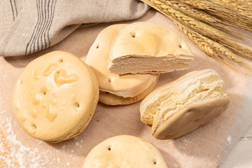 Sea biscuit on table. Traditional bread from Galicia, Spain