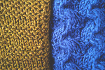 Two knitted texture backgrounds in green and blue colors.
