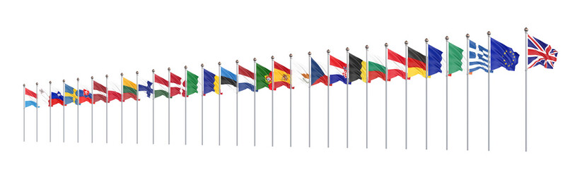 Withdrawal from the European Union , United kingdom , 27 flags of countries of European Union. Isolated on white. 3D illustration.