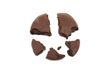 Chocolate sandwich cookies filled and coated with chocolate cream isolated on white background.