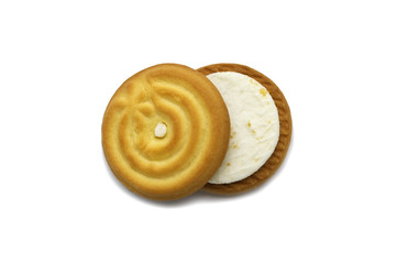 Sandwich cookies with coconut cream flavor isolated on white background. Inside and outside of crunchy biscuit delicious sweet meal and useful cracker. Tasty sweet snack.