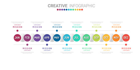 Timeline for 1 year, 12 months, infographics month planner design vector 12 steps and Presentation business can be used for Business concept with 12 options, steps or processes. 