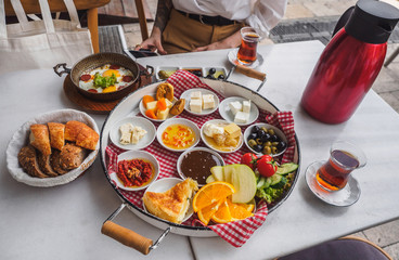 Delicious traditional turkish breakfast on the white table