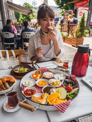 Delicious traditional turkish breakfast on the white table