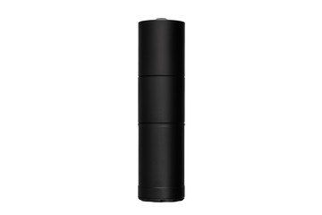 Black modern silencer for weapons. Suppressor that is at the end of an assault rifle.