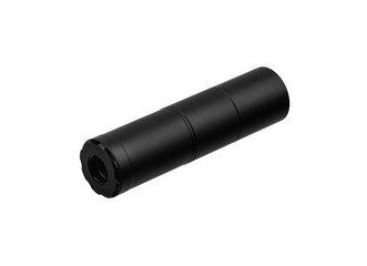 Black modern silencer for weapons. Suppressor that is at the end of an assault rifle.