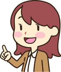 Girl with long brown hair pointing with finger