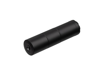 Black modern silencer for weapons. Suppressor that is at the end of an assault rifle.