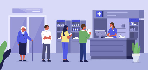 People Characters Waiting in Queue at Drugstore. Medical Staff Working in Pharmaceutical Industry. Doctor Pharmacist Consulting Patient in Pharmacy Store.  Flat Cartoon Vector Illustration. 