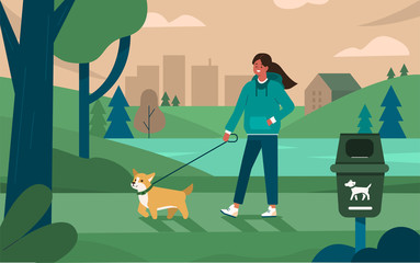 Woman Character Walking with Dog in Park. Pet Sitter at Work. Woman Cleaning Up after Dog and Picking Up Waste in Public Waste Station. Human and Pet Concept. Flat Cartoon Vector Illustration. 