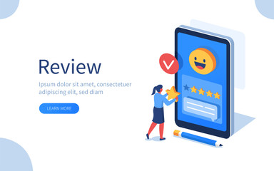 Woman Character Giving Five Star Feedback. Client Choosing Satisfaction Rating and Leaving Positive Review. Customer Service and User Experience Concept. Flat Isometric Vector Illustration.