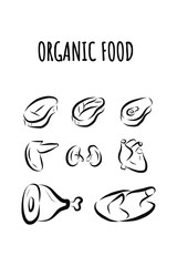 Icons of organic food, farm products and healthy natural no chemical food. illustration of poultry,beef,veal,wings,kidneys.Suitable for poster,banner,website, icons,landing page,meat product packaging