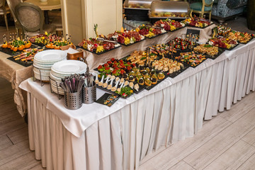 Catering buffet table with cold snacks. Delicious appetizers on the table, self serve.