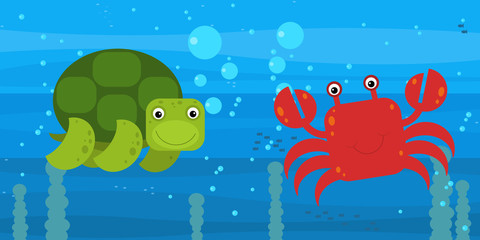 Fototapeta na wymiar cheerful cartoon underwater scene with swimming coral reef fishes illustration