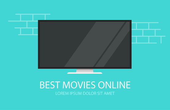 Online video movies or tv cinema vector flat cartoon illustration tv screen banner modern design image