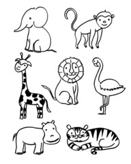hand drawn animal doodle set.lion,giraffe,monkey,elephant,cat,flamengo.vector illustration