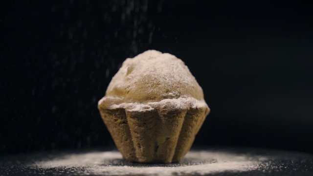 Cupcake with icing sugar on a black background