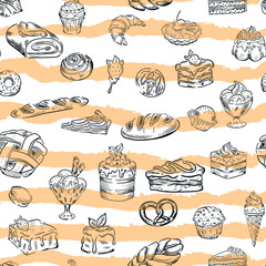 Sweets, candy, bakery food vector seamless pattern on white background. Concept for menu, cards, wallpaper, wrapping paper  