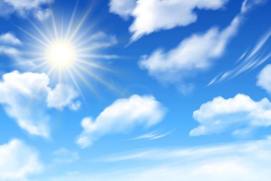 Blue sky background with white clouds and sun. Realstic cloudy effect. Vector poster