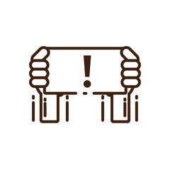 hands holding warning sign icon, line style