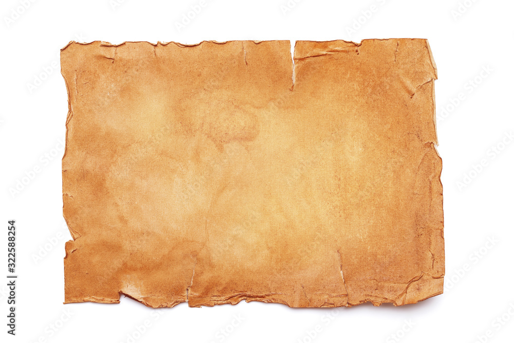 Wall mural top view on an ancient old stained sheet of paper with torn crumpled edges isolated on a white backg