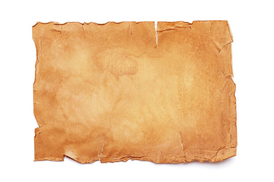 Top view on an ancient old stained sheet of paper with torn crumpled edges Isolated on a white background