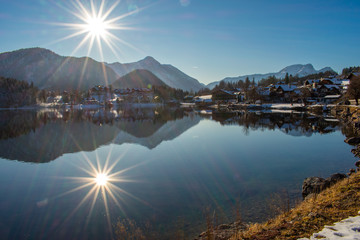 Beautiful winter landscape, mountains and lake in Berchtesgaden, Germany. Bavarian alps covered  with snow 