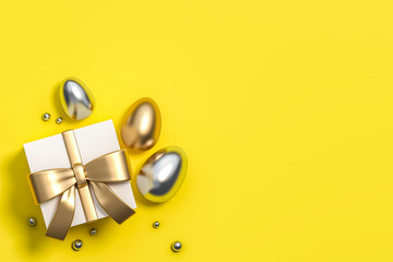 White gift box with metallic golden and silver eggs on yellow background 3d rendering. 3D illustration giving presents. Order surprise of easter eggs holiday card template minimal concept.