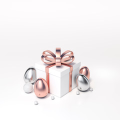 White gift box with metallic rose gold and silver eggs on white background 3d rendering. 3D illustration giving presents. Surprise of easter eggs holiday card template minimal concept.