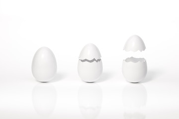 One is intact, the second is broken, the third is open on white background 3d rendering. 3d illustration easter eggs holiday card template minimal concept.