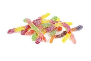 Pile of colorful sweet jelly worms isolated on white
