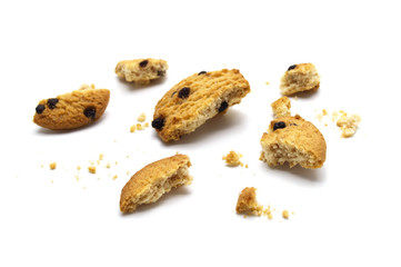 Chocolate chip cookies and crumble cracks isolated on white background. Sweet biscuits delicious and crunchy homemade pastry.