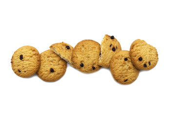 Chocolate chip cookies isolated on white background. Sweet biscuits delicious and crunchy homemade pastry.