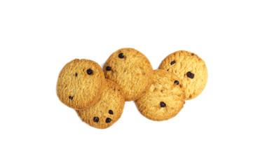 Chocolate chip cookies isolated on white background. Sweet biscuits delicious and crunchy homemade pastry.