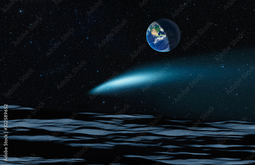 Poster the earth as seen from the surface of the moon - comet on the space