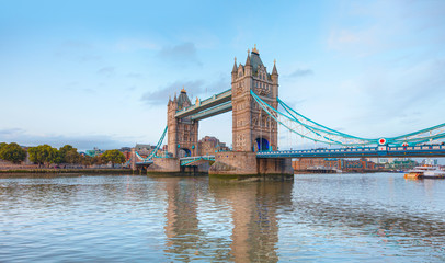 Fototapeta na wymiar Panorama of the Tower Bridge and Tower of London on Thames river at twilight blue hour - London, United Kingdom