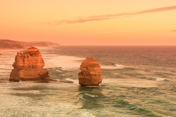 Pink filter, Twelve Apostles Sea Rocks on the sunset near Great Ocean Road , Port Campbell National Park, Australia