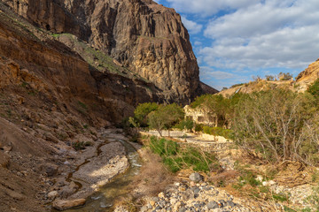 Obraz premium Hot spring valley. Hammamat Ma'in hot springs, Jordan. Hot springs are located in the mountains near the Dead sea