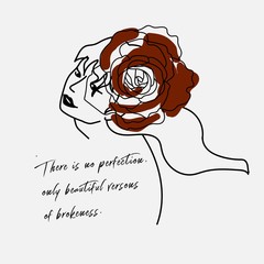 hand writing quote with illustration of black&white woman and red rose. Daily quote for positive, independent, free, positive female. Simple and modern style suitable for wall decor, cards, print.
