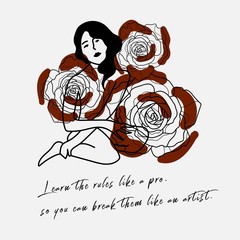 hand writing quote with illustration of black&white woman and red rose. Daily quote for positive, independent, free, positive female. Simple and modern style suitable for wall decor, cards, print.