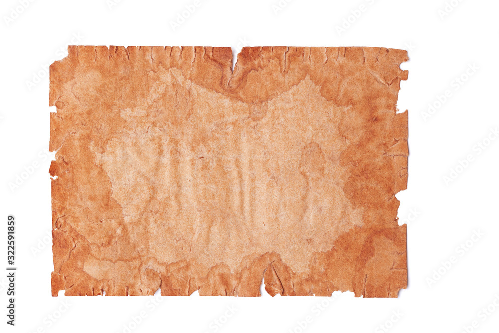 Wall mural flat lay ancient medieval stained blank sheet of paper or parchment with copy space for text isolate