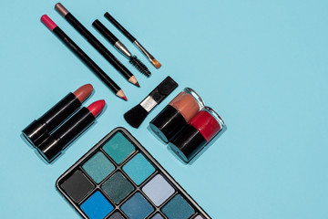 Makeup, lipstick and brushes ready to use