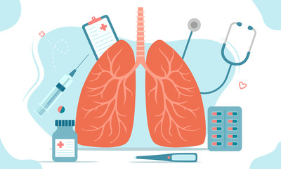 Lung disease or pneumonia treatment, vaccination and medications, online health checks and medical diagnosis，medicine and healthcare flat design concept. 