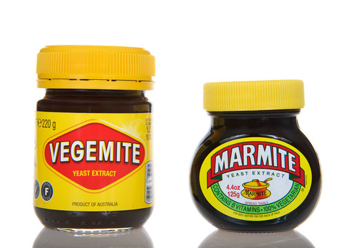Alameda, CA - March 13, 2017: Bottles of Vegemite and Marmite brand yeast extract. Vegemite and Marmite are brown pastes made from yeast extract, popular in Australia and throughout Britain.