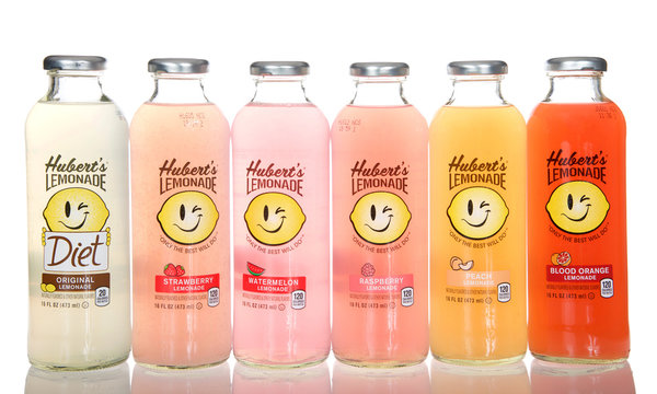 Alameda, CA - March 17, 2017: Bottles of Hubert's Lemonade, six flavors, isolated on a white background. Hubert's Lemonade is made using the freshest and sweetest lemons from California.