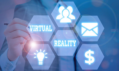 Text sign showing Virtual Reality. Business photo showcasing an artificial environment that is created with software