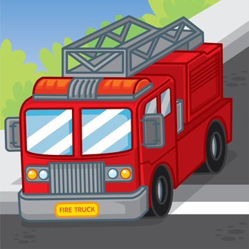 Cute cartoon fire truck on the road, Cartoon vector